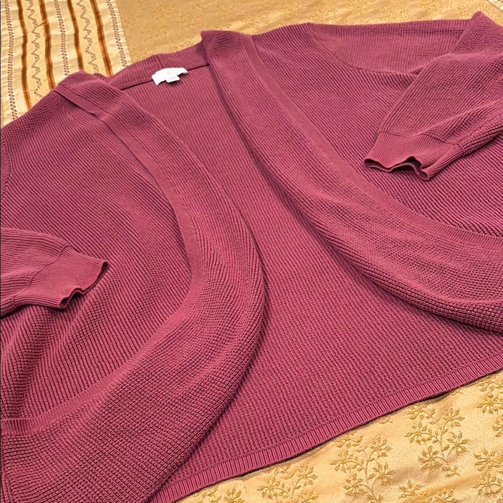 Belle by Kim Gravel Waffle Stitch Cardigan Sweater, cotton blend, plum, 2X